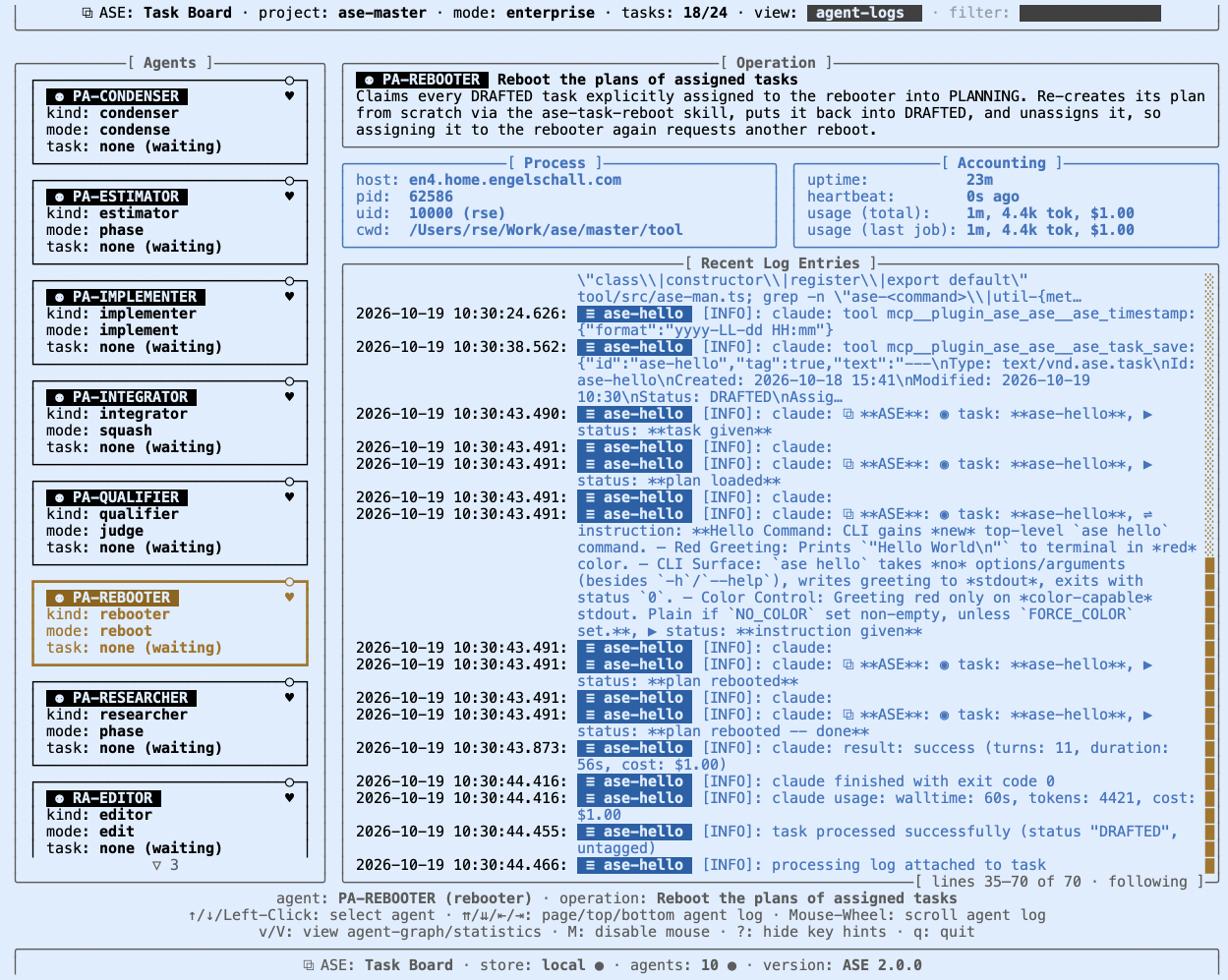 Terminal task board: agent logs view