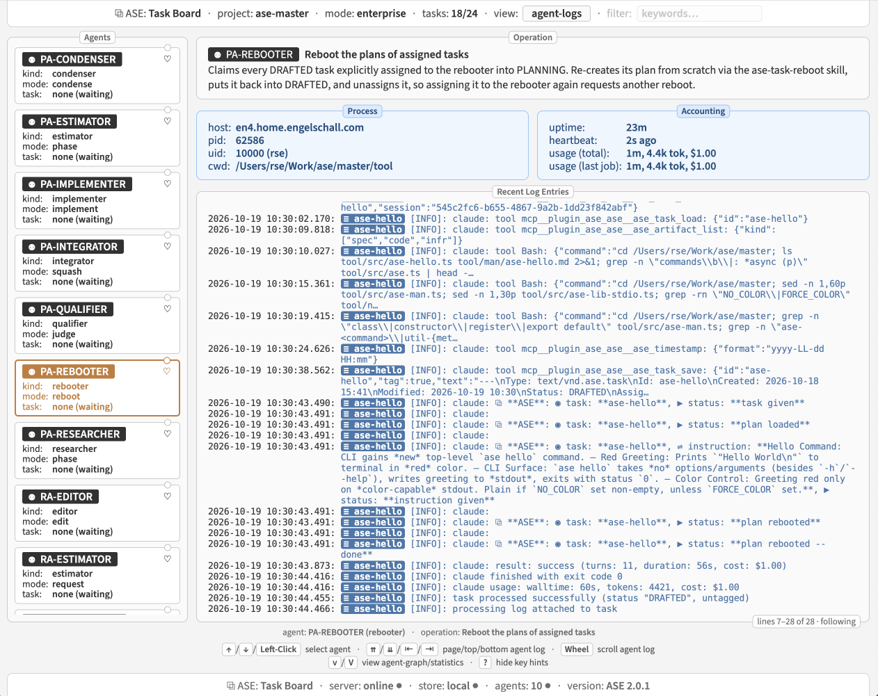 Web task board: agent logs view